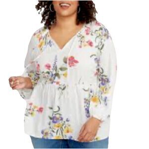 Old Navy Floral Blouse Women’s XXL White Colorful Boho Flowy Peplum